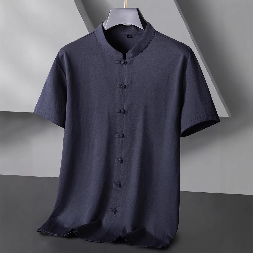 Fat brother, loose Chinese retro stand-up collar short-sleeved shirt, summer plus size men's Tang suit half-sleeved shirt