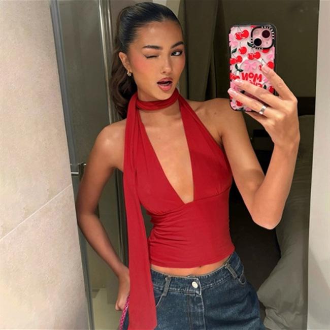 Chic Women's Deep V-Neck Halter Top with Tie-up Back