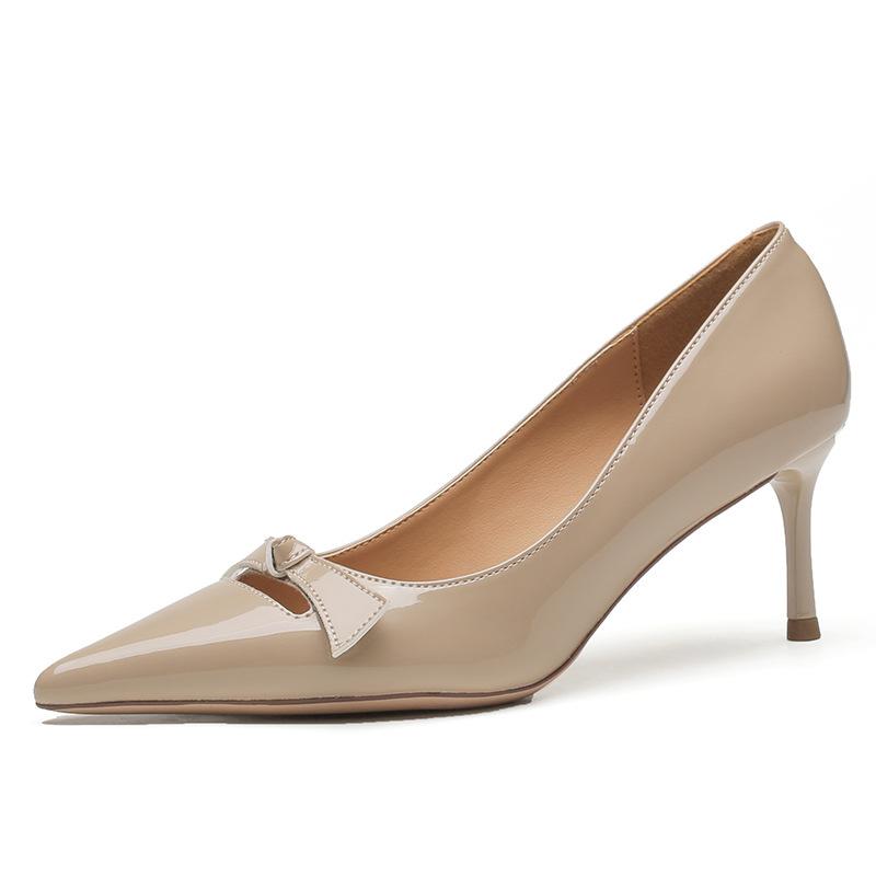 62603 [sheepskin] High Heels Women's Thin Heels 2025 New Pointed Patent Leather Light Mouth Bow Single Shoes