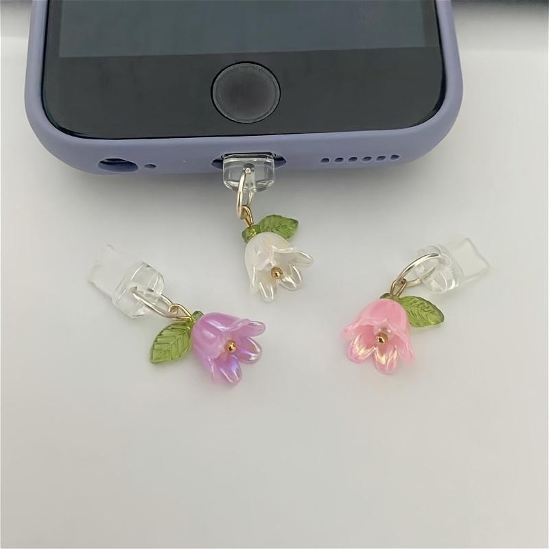 1 pieza Enchufe Antipolvo para Puerto de Carga de Teléfono Móvil con Hoja de Orquídea Campana Tridimensional, Colgante Decorativo con Perla Artificial/adecuado para IPhone/Tipo-C