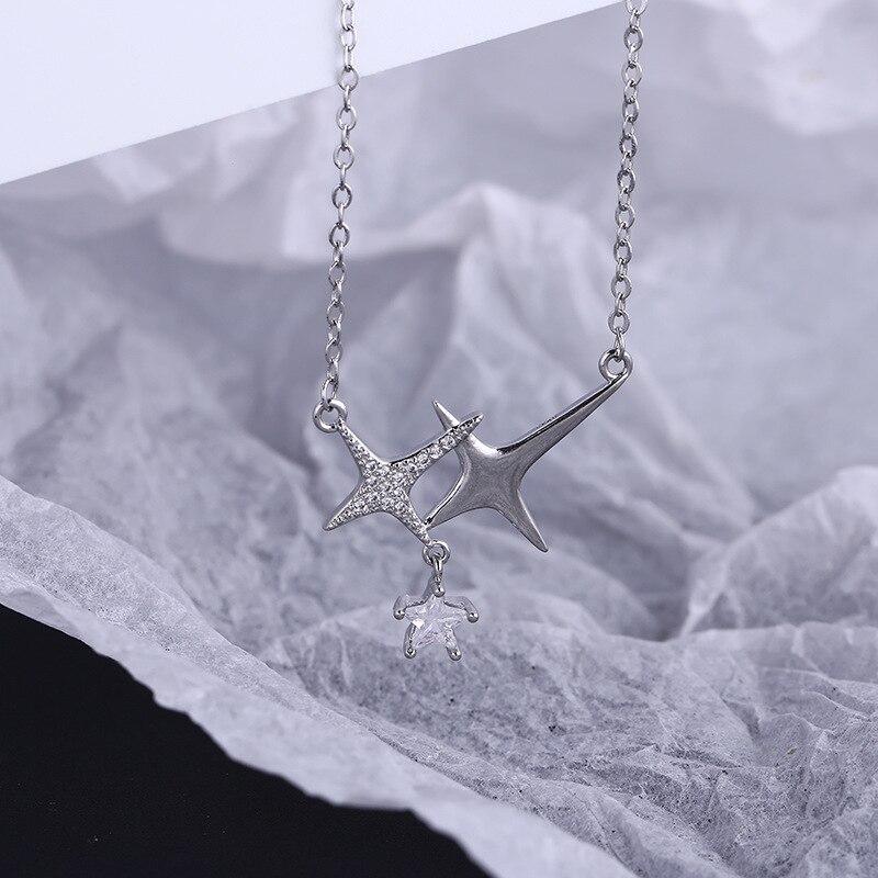 925 Sterling Silver Link Chain Zircon Cross Star Charm Necklace Pendant For Women Wedding Girls Jewelry Accessories Dz932