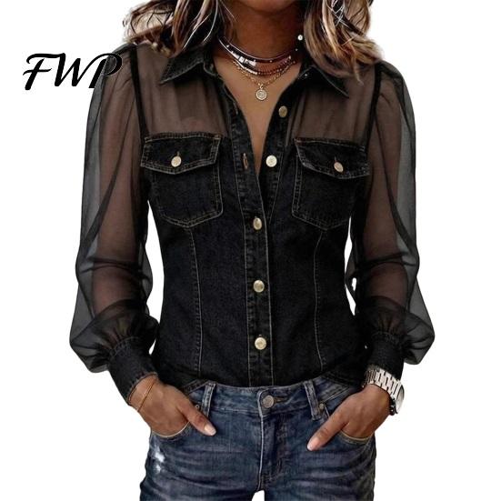 Mesh Patchwork Denim Blouse Women Shirt Perspective Cold Shoulder Long Sleeve Country Music Festival Top Tops Lapel Buttons Placket Concert