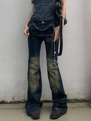 American High Street Micro-flared Wash Jeans Woman Y2K Retro Punk Goth Loose Millennial Street Casual High Waist Straight Jeans