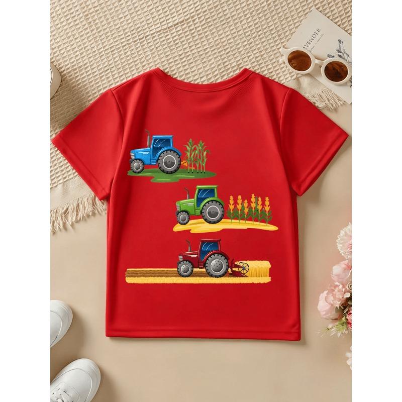Boy Crewneck Short Sleeve T-Shirt, Cartoon Tractor Harvester Print Green Blue Red Casual Tee