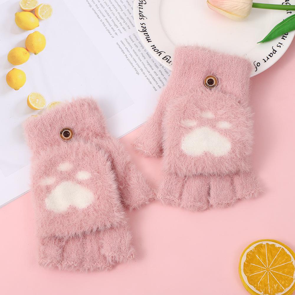 Korean Style Cat Paw Touchscreen Half-Finger Warm Gloves - Fleece-Lined Knitted Design for Students & Ladies