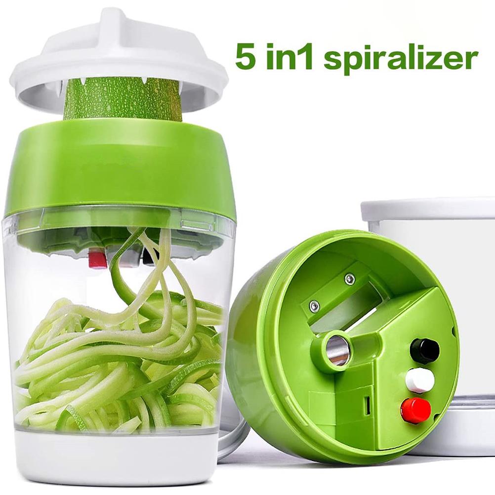 1 Piece Handheld Spiral Vegetable Slicer, 5 In 1 Adjustable Shredder, 4 In 1 Food Storage Container Slicer, Green