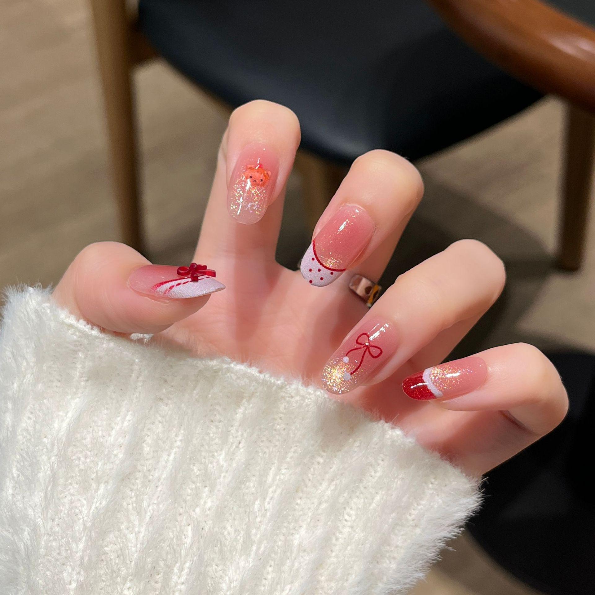 Red Cat Eye Bow Nail Tips - Medium-Long Wearable False Nails for New Year Nail Art