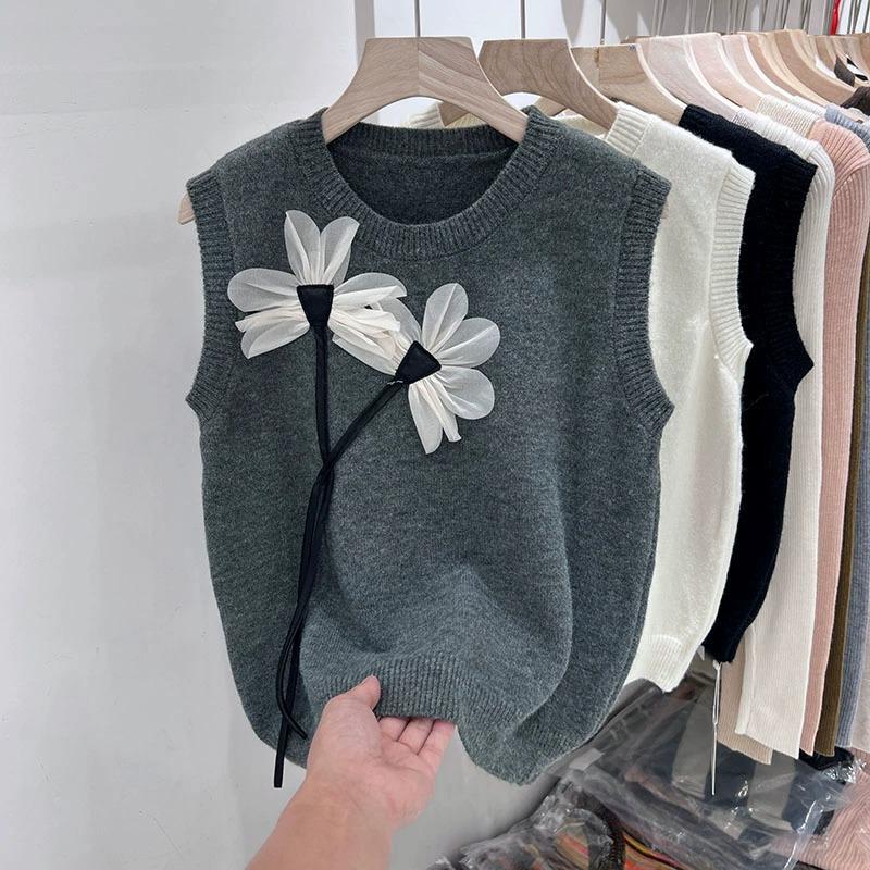 

Корейская версия высококачественного трехмерного цветочного трикотажного жилета без рукавов с круглым вырезом на плечах, универсального топа L серый