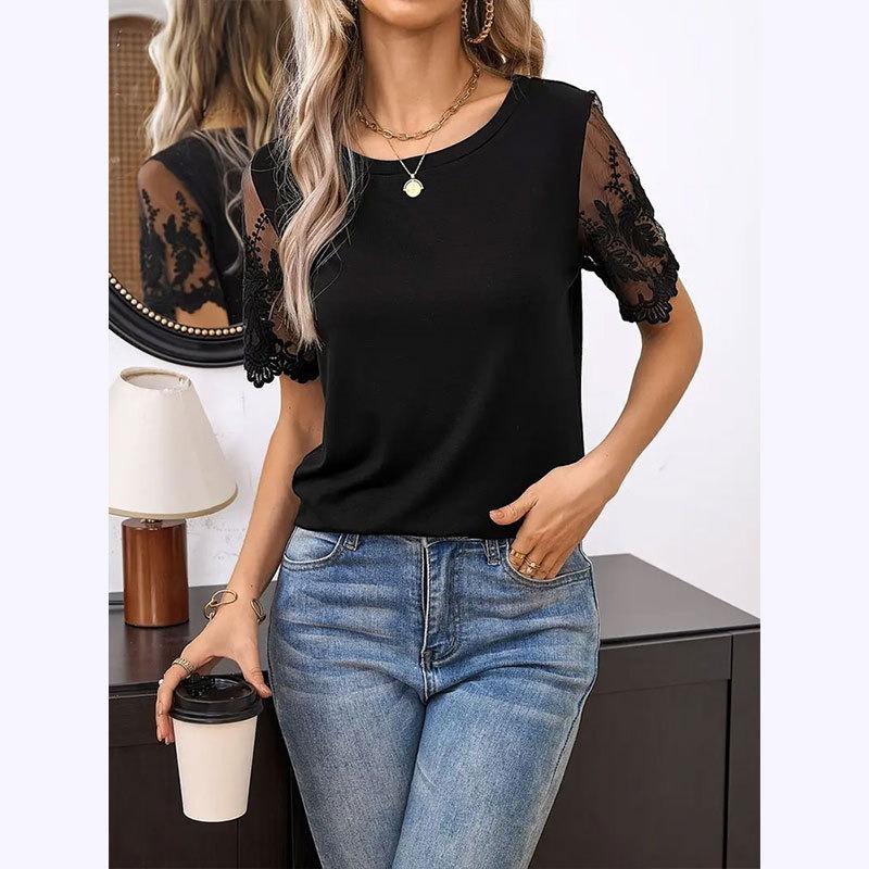 Women's Summer T-shirt Elegant Knit Spell Lace Round Neck Loose Mesh Splicing Short Sleeve Top