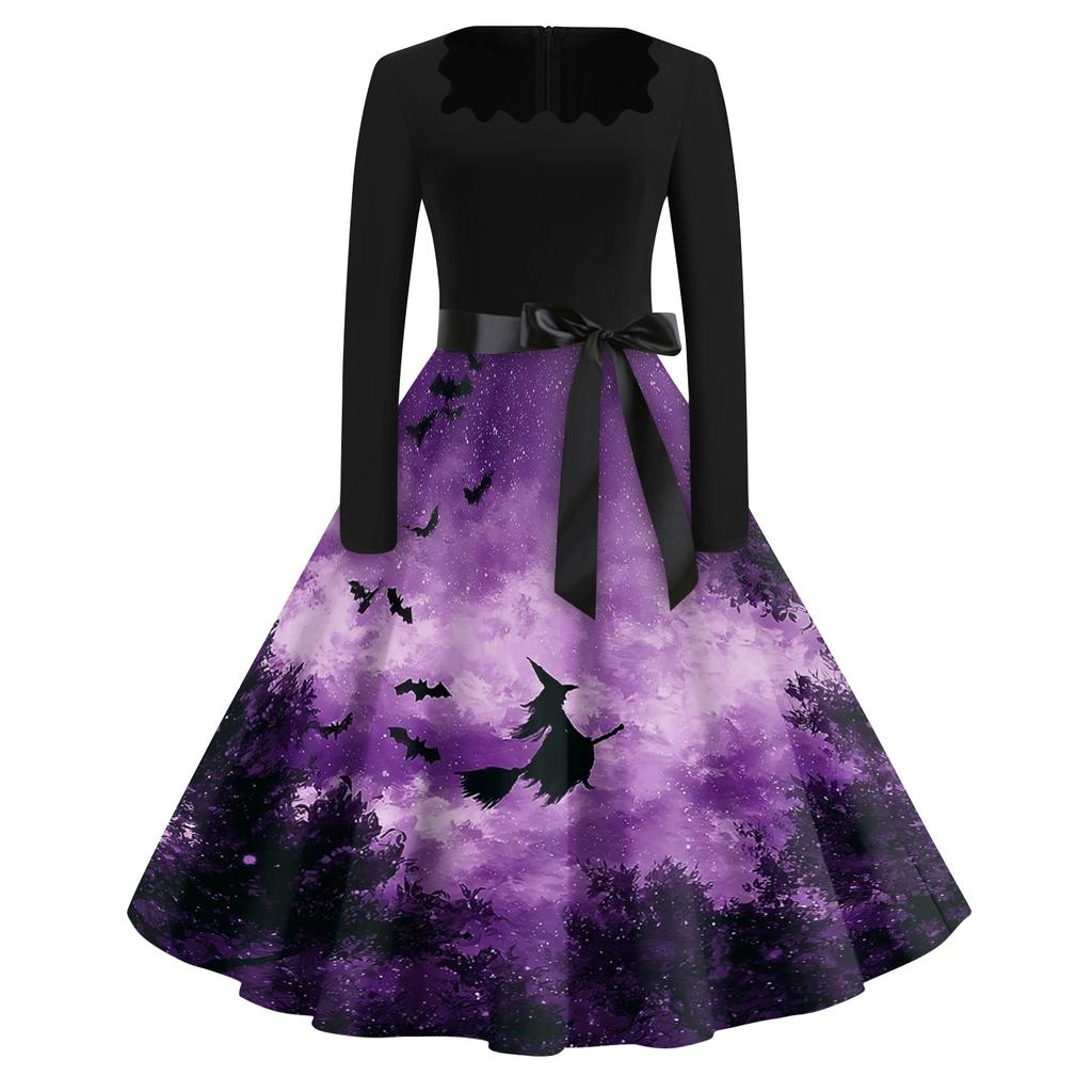 Women's Casual Vintage Dress with Halloween Print Square Neck for Daily Wear