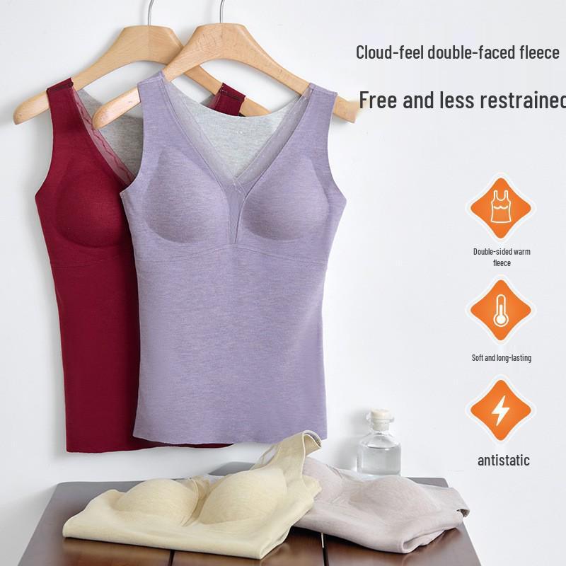 Women's Warm Wool Silk V-Neck Mesh Vest with Fleece & Bra Pads