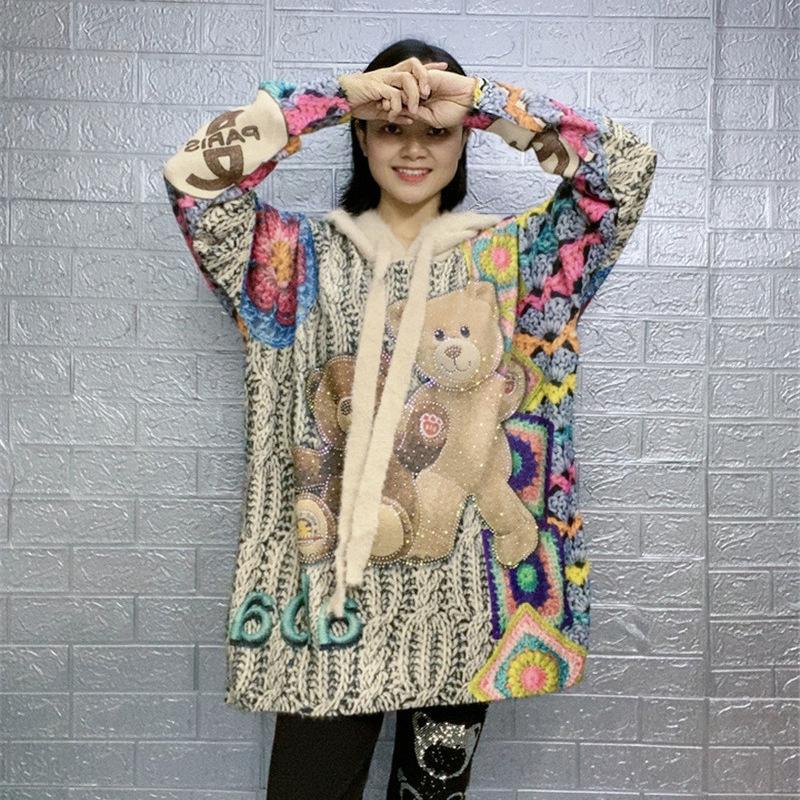 2023 Autumn/Winter Women's Loose Fit Hooded Sweater - Little Bear Print Pullover Knitwear