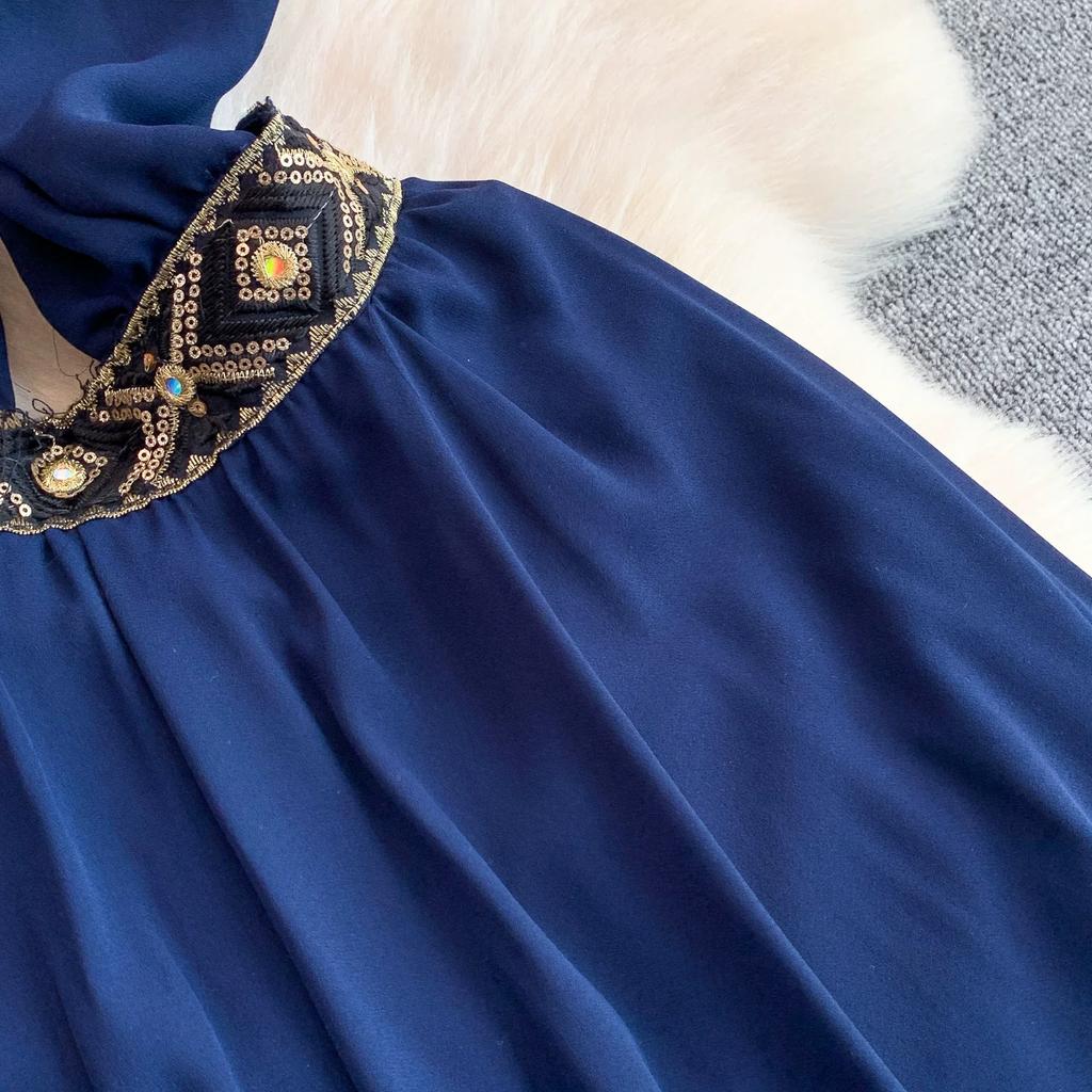 Sexy Backless Halter Neck Dress with Padded Cups for Women Vintage Bohemian Embellished Asymmetrical Elegant Chiffon Midi Dress