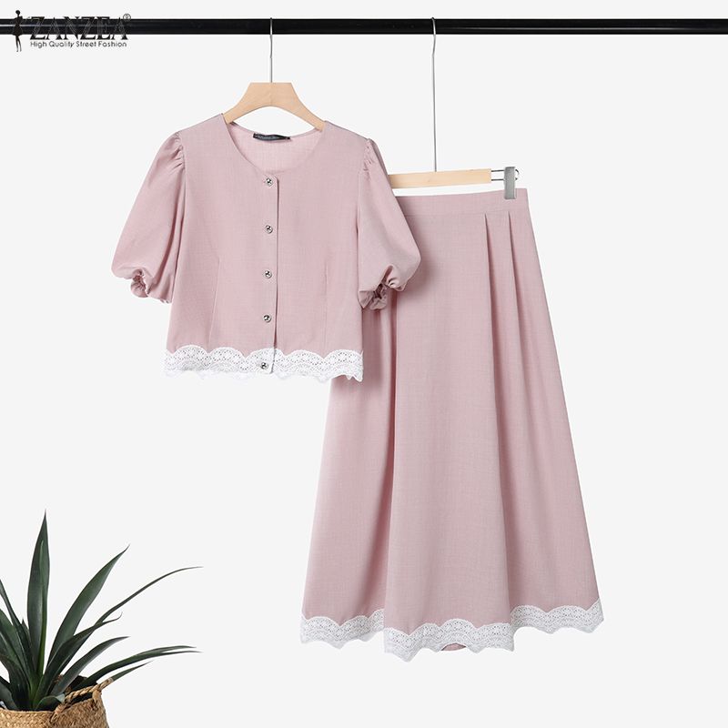 ZANZEA Blusa de Manga Corta para Mujer y Faldas Largas Conjuntos de Traje de Dos Piezas de Verano