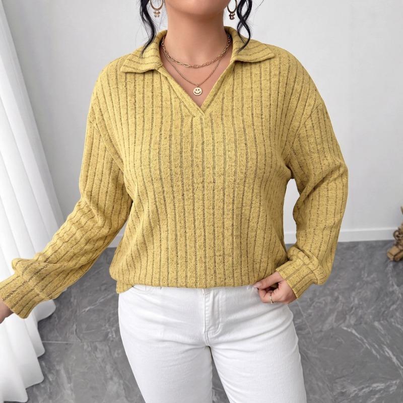 Plus Size Women S Long Sleeve Knit Turn Down Collar Striped Casual Basic Top
