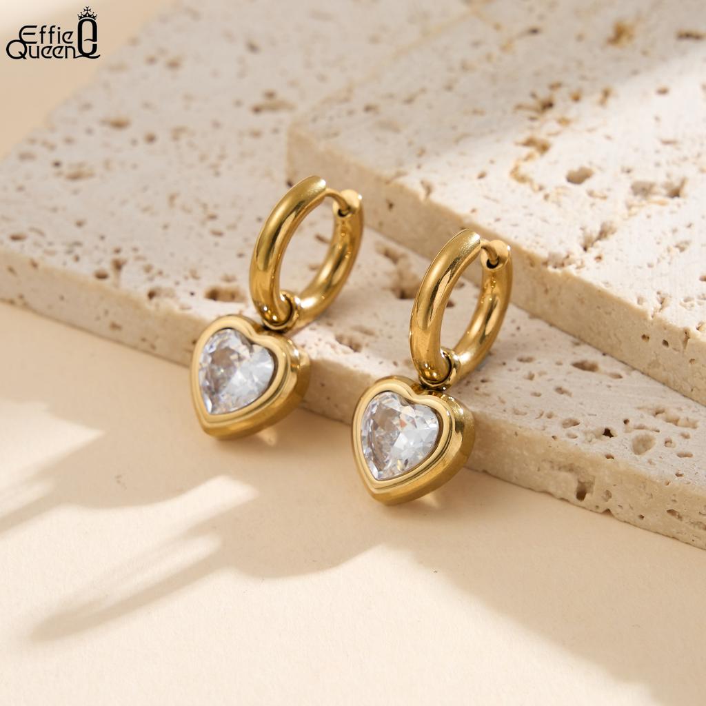 Effie Queen Ohrhänger aus Edelstahl und 18-karätigem Gold mit herzförmigem Zirkonia – romantischer Schmuck für Damen, Hochzeit, Party, Bankett STKE10