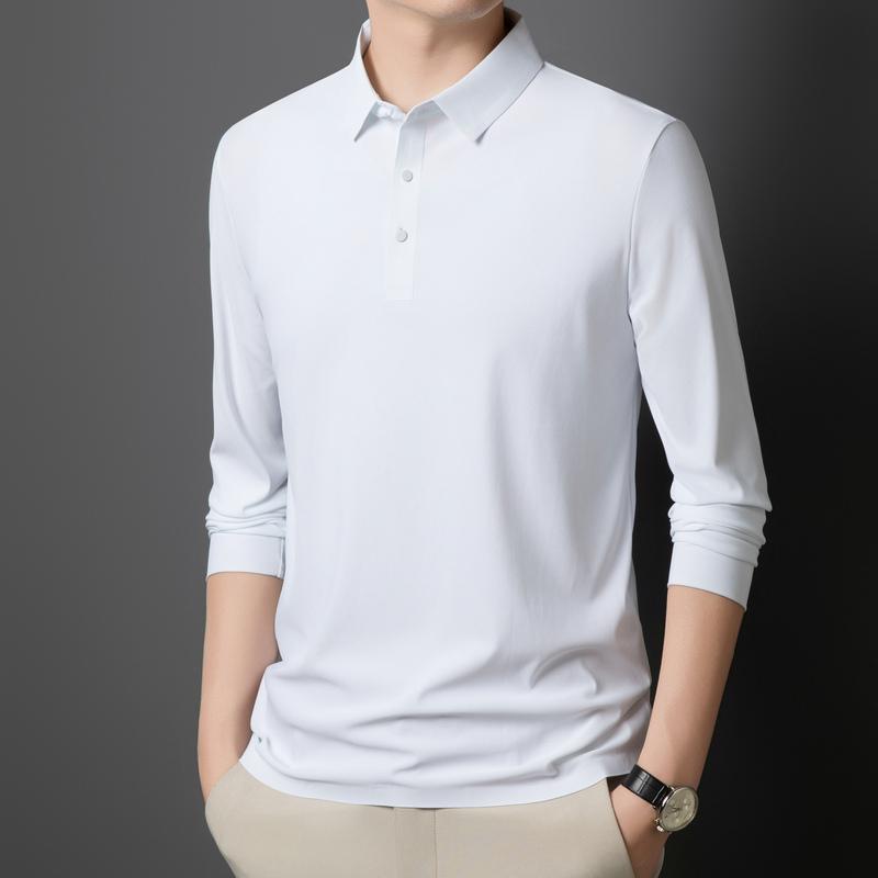 Solid Color Lapel Ice Silk Polo Shirt Long Sleeve Men's Spring and Autumn Traceless Business Casual Quick-drying Long Sleeve Top