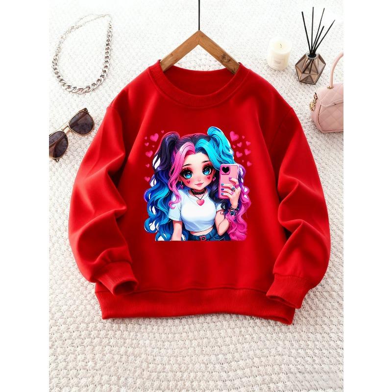 Girl's Round Neck Sweatshirt with Cartoon Twin-Tail Girl and Heart Print, Ideal for Casual Wear