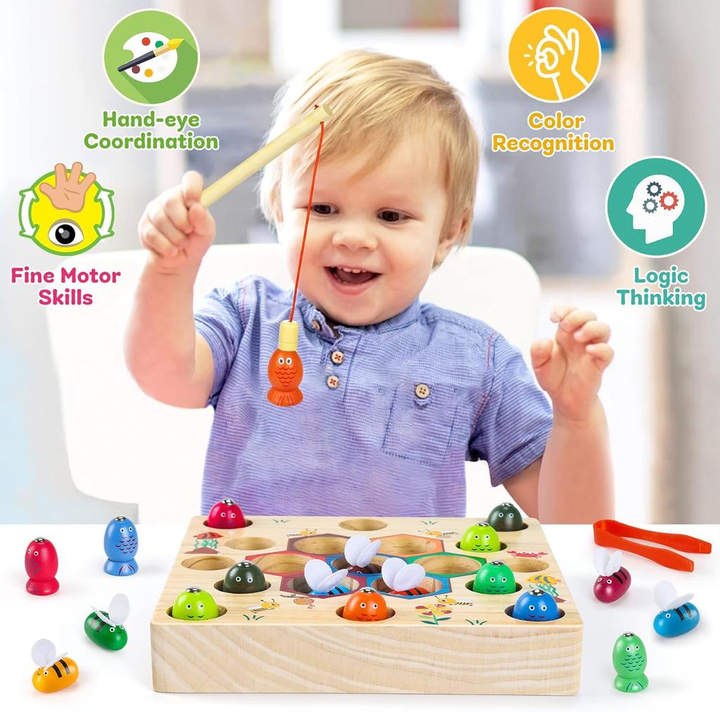 COOLJOY Montessori 2-in-1 Magnetic Fishing Game for Children Aged 2 and Above, Wooden Toy, Montessori Toy from 2, 3 Years, Authorised Patent