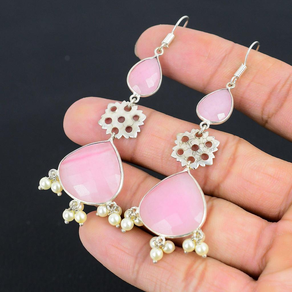 925 Silber Birne Rosa Chalcedon Edelstein Neue Hängende Tropfen Trendige Ohrringe Schmuck