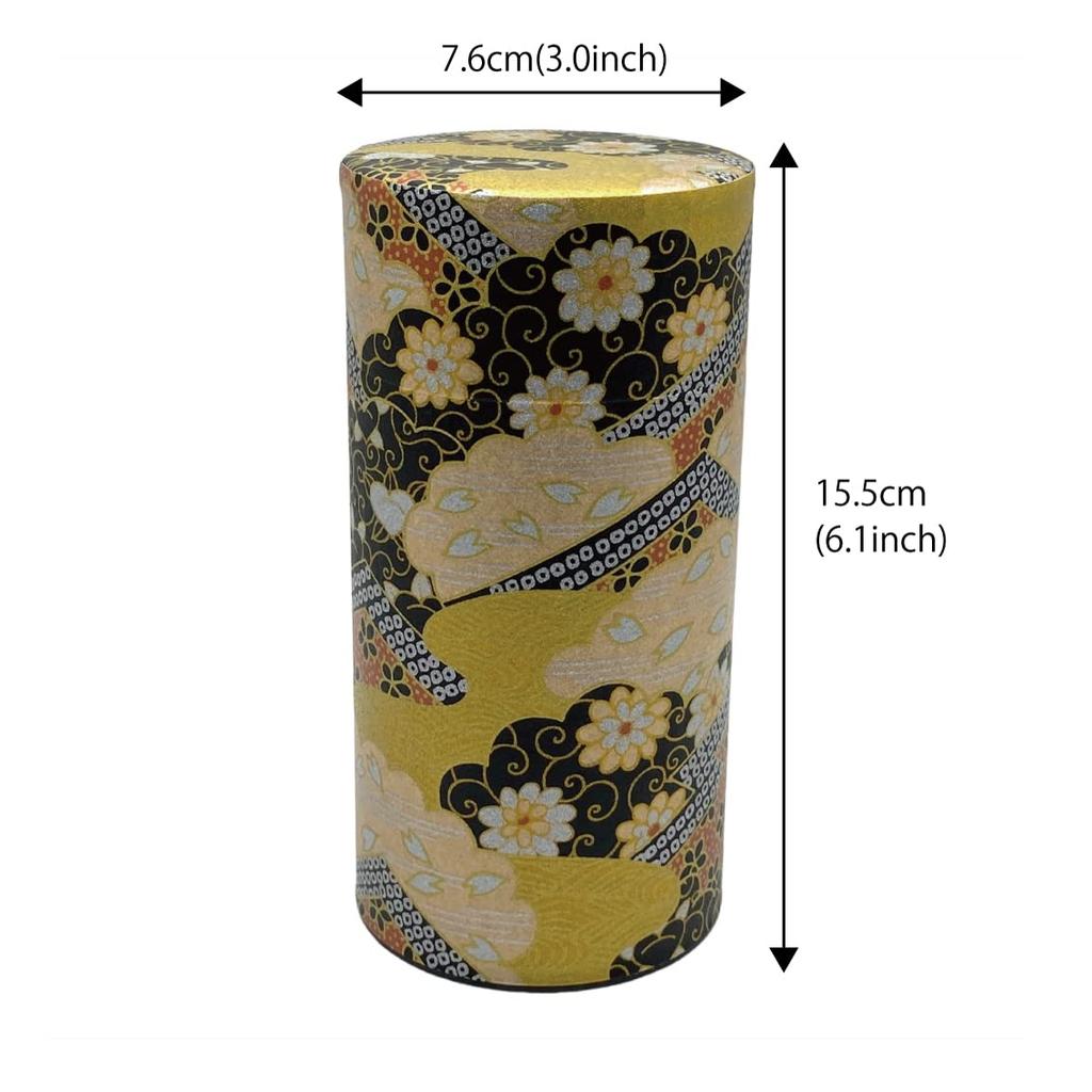 Noguchi Kumataro Tea Garden Tea Caddy, Large Capacity 200g, with Washi Paper and Inner Lid, Golden Arabesque Design, Made in Japan, Stylish