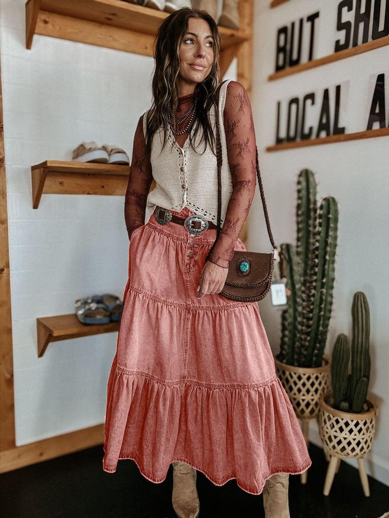 25th Anniversary Bohemian A-line Tiered Denim Midi Skirt