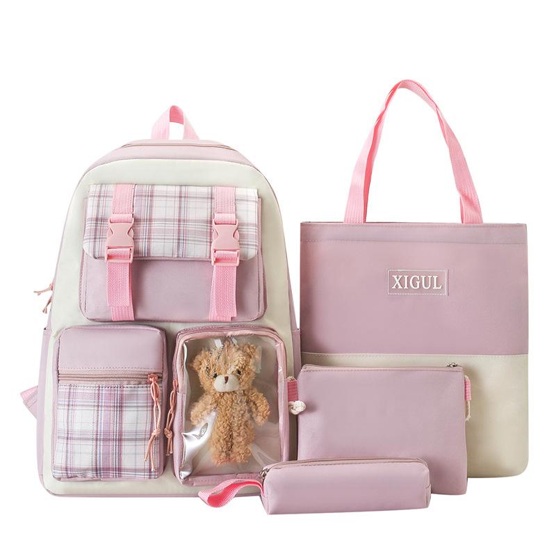 Schoolbag new canvas student schoolbag Korean version plaid four-piece set junior high school campus casual backpack large capacity backpack