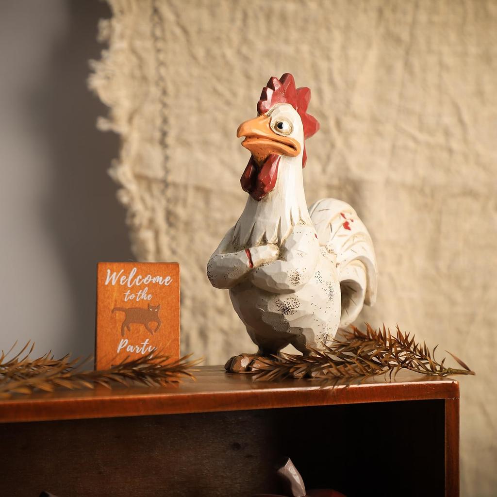 Bicuzat Funny White Rooster Statue, Resin Table Art Sculpture Funny Rooster Figurine Decoration, Rustic Country Tabletop Decoration, Farm Animal