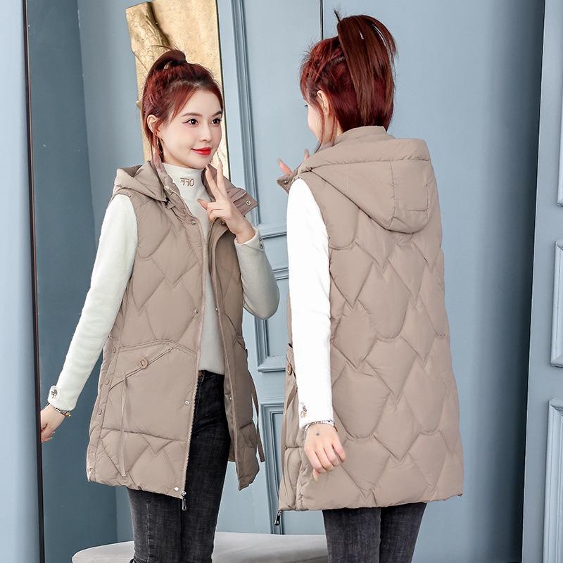 Medium and long down cotton live hat vest women's autumn and winter new fashion thickened vest slim vest jacket