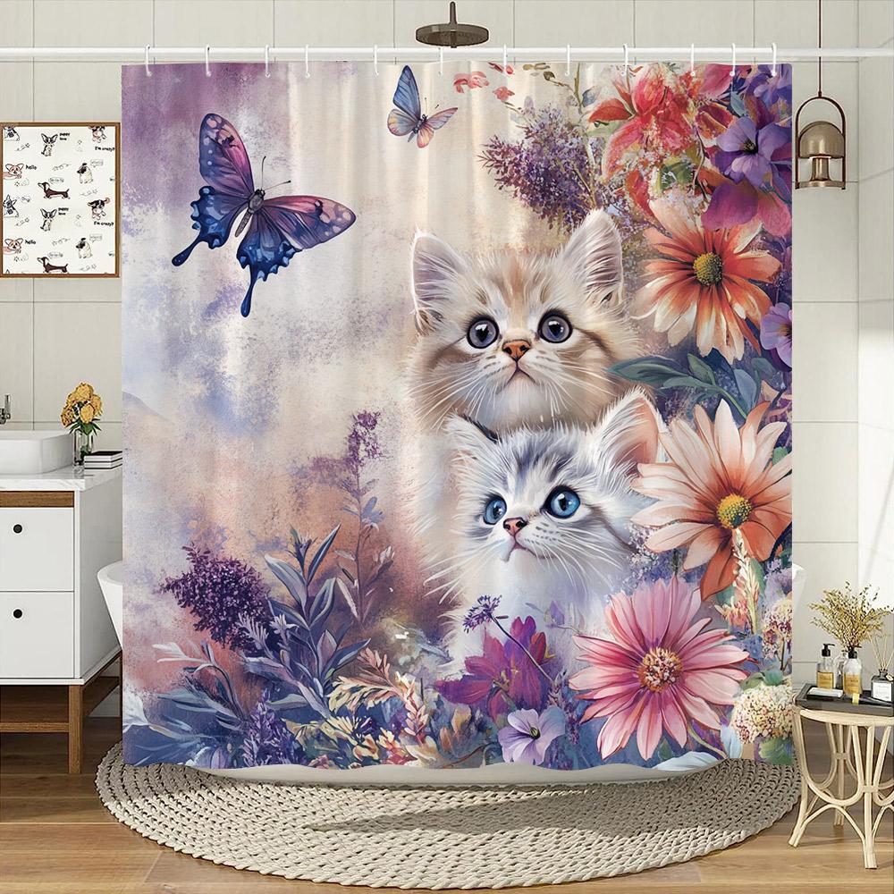 Vintage Style Cute Cat Shower Curtain Watercolour Blooming Flowers Polyester Fabric Home Bath Curtains Bathroom Decor with Hooks