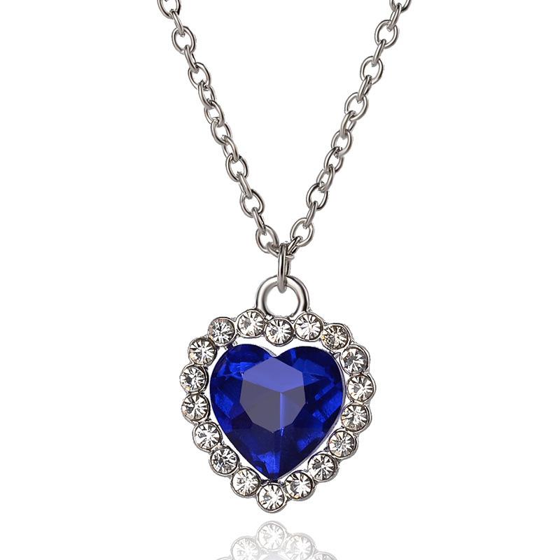 Fashion Heart Pendant Necklace for Women Elegant Blue Red Crystal Heart Charm Necklace Sweater Chain Movie Accessories Jewelry