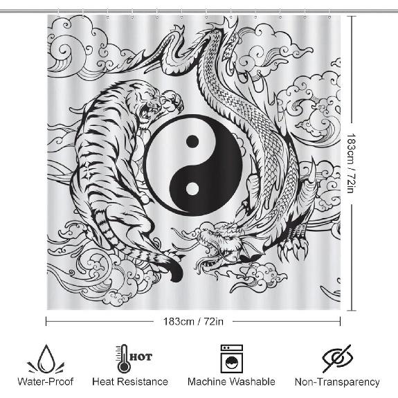 Cool Black and White Dragon and Tiger 4 Pieces Shower Curtain Set,Metaphysical Sky Dragon and Tiger Yin Yang Non-Slip Rugs Toilet Lid Cover Bath Mat