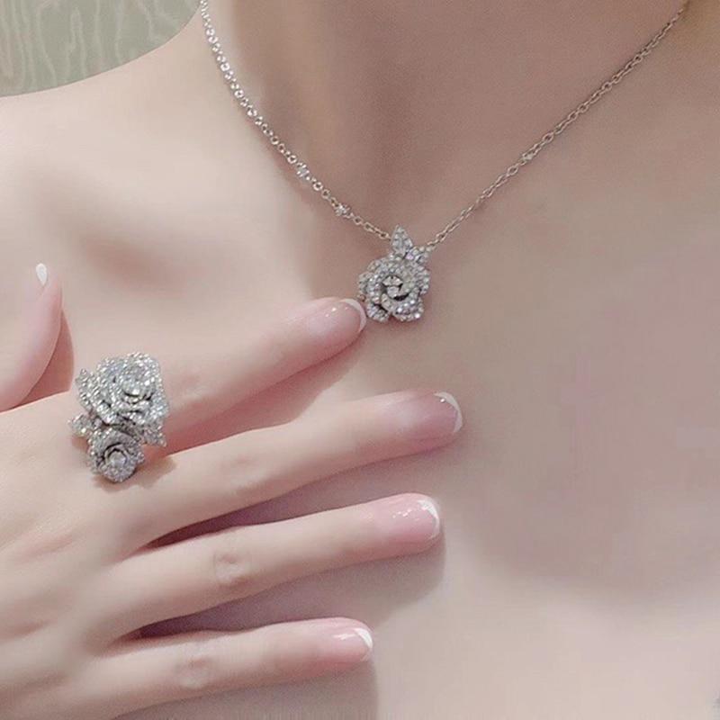 New  Top Brand Pure 925 Sterling Silver Jewelry Women Rose Flower Diamond Pendant Necklace Lovely Design Fine Luxury Quality