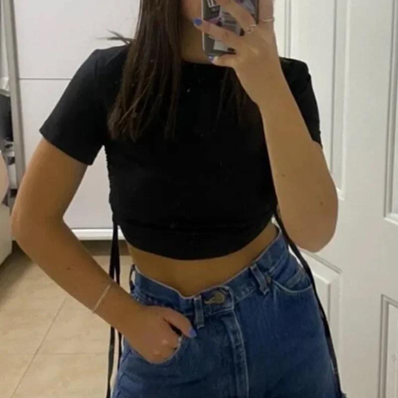 Sexy Drawstring Tie Bare Midriff Slim Tank Top Women Short Sleeves Bottoming Crop Tops Camisetas Mujer