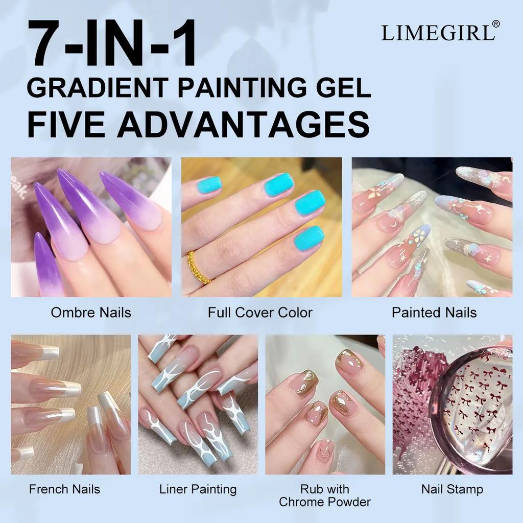 LIMEGIRL 7IN1 Gradient Painting Gel Kit 9 Grid Gradient Color Solid Nail Polish with 50pcs Sponge Nail Art DIY Color Gel Kit