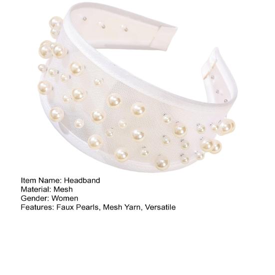 Women Mesh Headband with Faux Pearl Design Lightweight Comfortable Wide-Edged Hair Hoop Hair Accessories