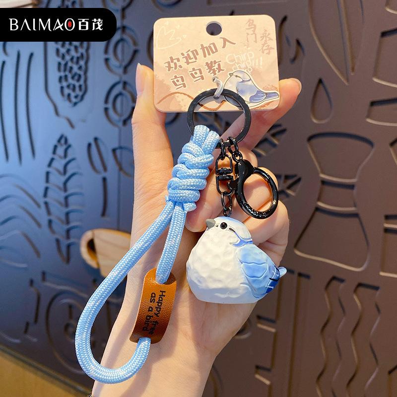 Original wood carving wind bird keychain pendant creative resin pearl bird couple keychain schoolbag pendant