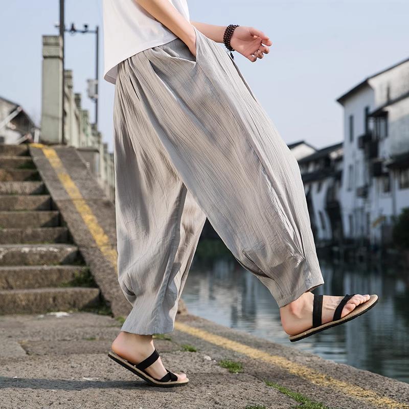 Chinese Style Linen Trousers Summer New Solid Color Elastic Drawstring Patchwork Pockets Vintage Loose Casual Wide Leg Pant