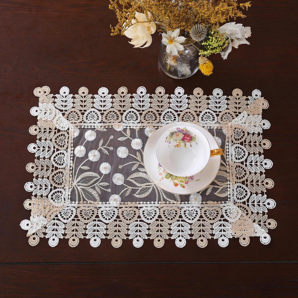 European Lace Embroidered Table Runner & Coaster Set