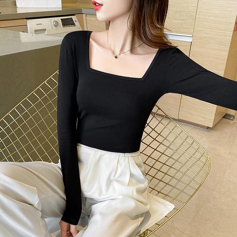 

Черная футболка с длинным рукавом из чистого хлопка, осенне-зимний стиль, базовая футболка, приталенная и стройнящая, с темпераментом и элегантным квадратным вырезом. S чёрный