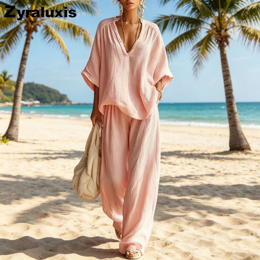 Women s Fashion Casual Solid V-Neck Loose Short Sleeve Casual Wide Leg Pants Two Piece Set S розовый