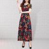 Women Maxi Dress V Neck Flower Print Short Sleeve Ankle Length Loose Dress-up Vintage Pullover Plus Size Summer Dress Women Clothes