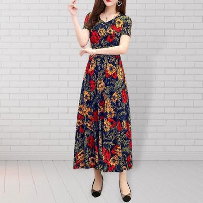 Women Maxi Dress V Neck Flower Print Short Sleeve Ankle Length Loose Dress-up Vintage Pullover Plus Size Summer Dress Women Clothes