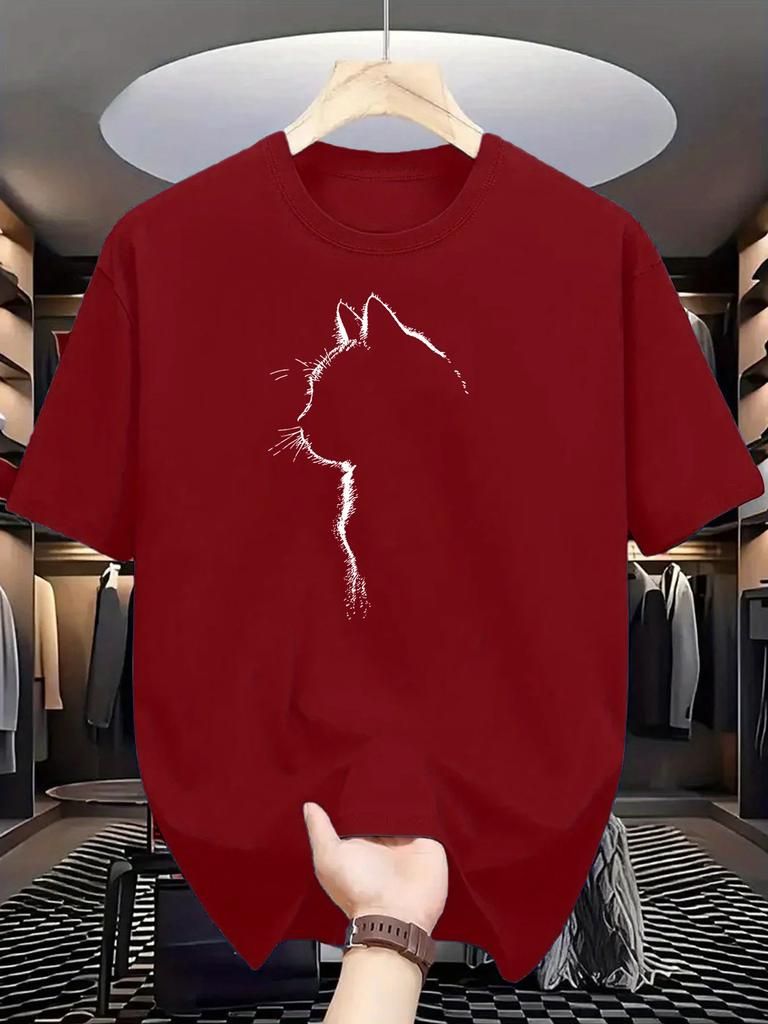 2026 Men Cute Pet Side Profile Printed Cotton TShirt Street Style Trendy Cat Face Loose Fit Short Sleeve Comfortable Casual Top