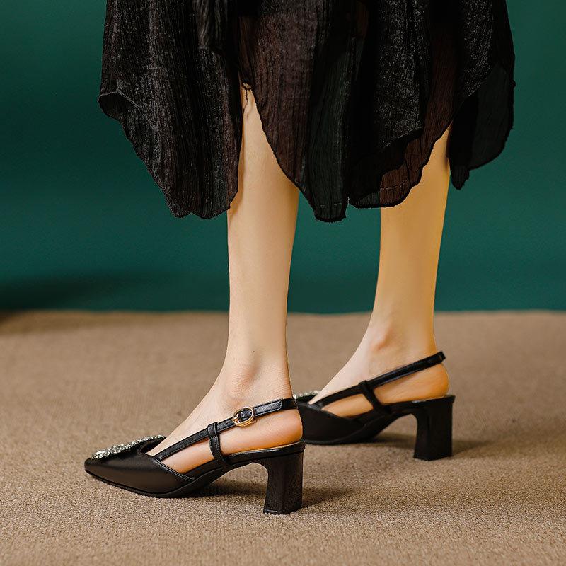 Baotou sandals women's 2025 new summer diamond buckle square head high heels French word with empty thick heel single shoes