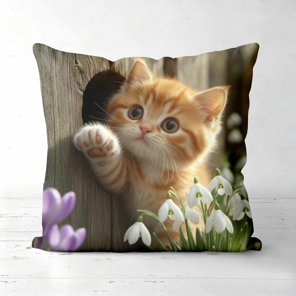 Spring Ginger Kitten Printed Pillow Covers For Home Decor Polyester Sofa Cushion Cov Headboard Pillow (Without Pillow Core