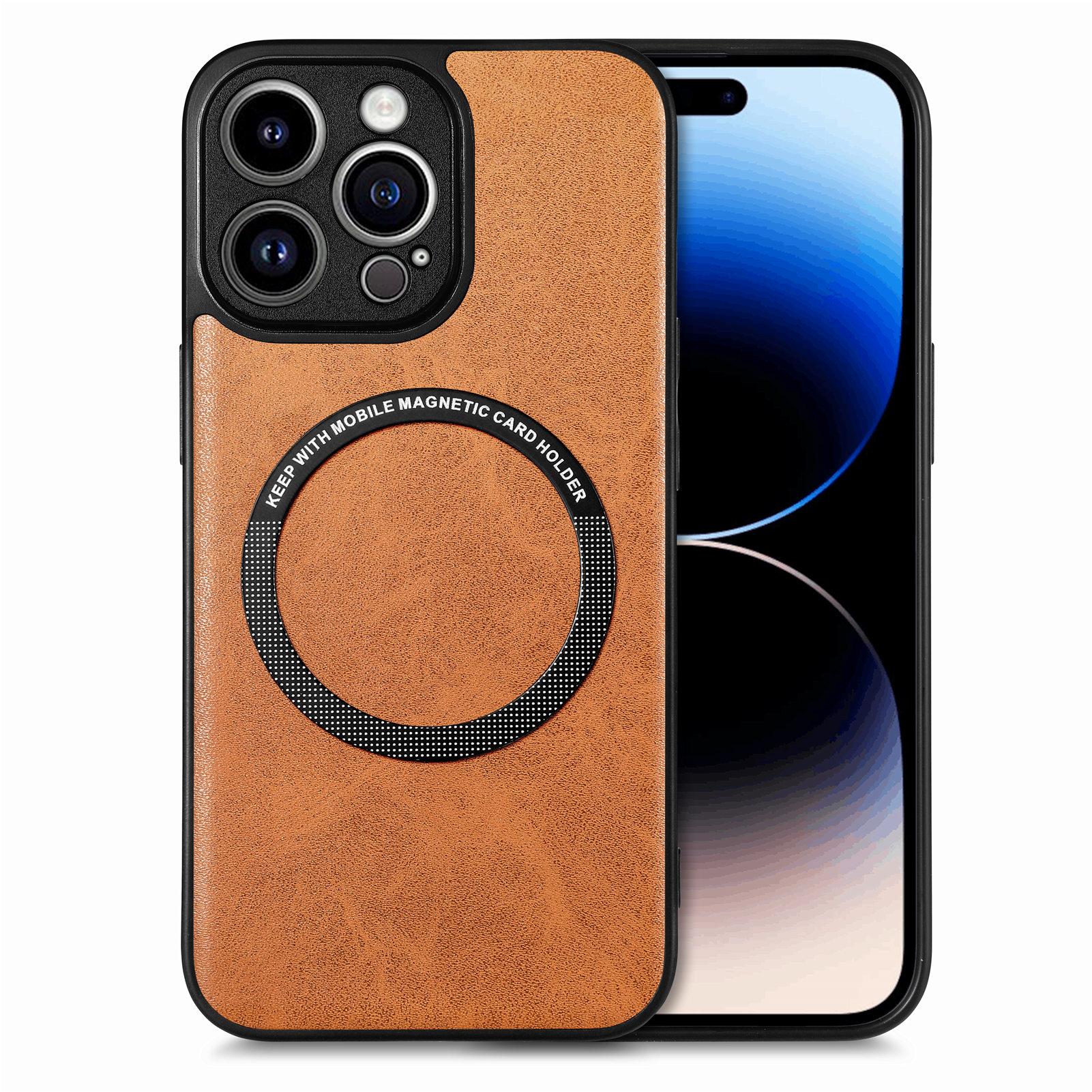 

For iPhone 15 Pro Max Magnetic Phone Case Compatible with MagSafe PU Leather Coated PC+TPU Cover Brown