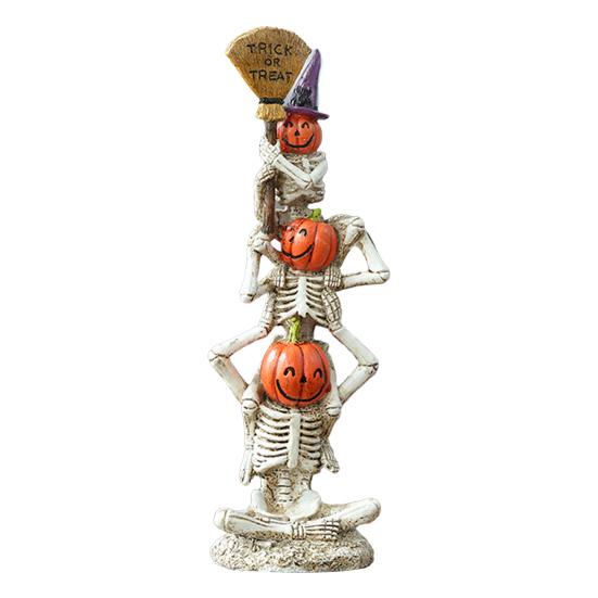 Halloween Stacked Skeleton Pumpkin Decor Resin Skeleton Statue with Pumpkin Head Witch Hat Broom for Home Office Holiday Table Decor