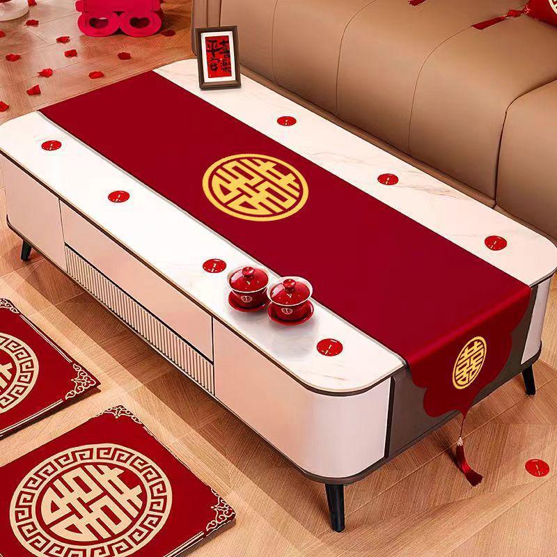 Red Double Happiness Wedding Table Runner - Chinese Dining Table & TV Cabinet Festive Decoration