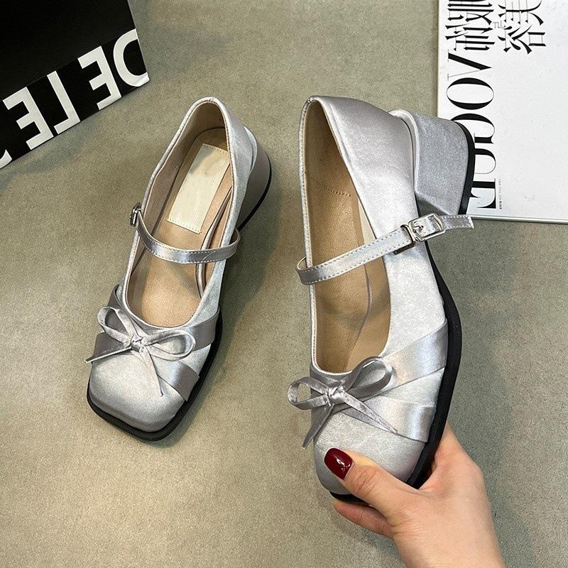 Fashion Women Shoes 2025 Spring Mary Jane Fashion Butterfly-knot Square Toe Satin Women's High Heels Buckle Elegant Pumps Shoe Wedding